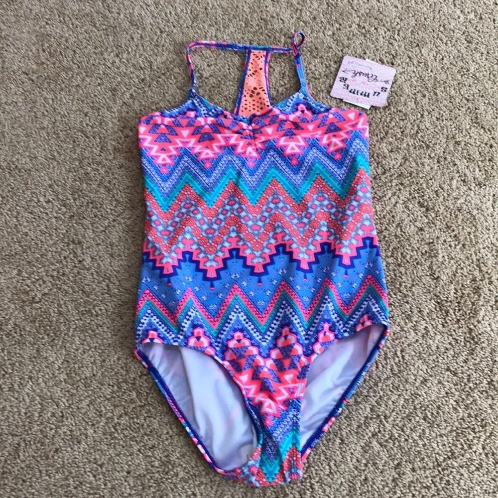 NWT! Kids size 14, pink combo one piece swimsuit .